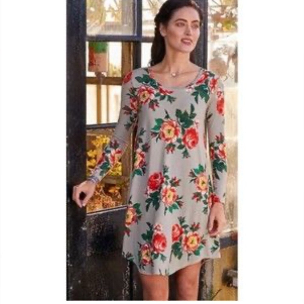 Matilda Jane Womens Floral Long Sleeve Tunic Dress Taupe Pink Medium